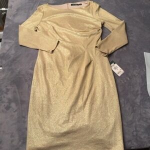 Lauren Ralph Lauren Dress Women 14 Gold Metallic Shimmer Sheath Party Cocktail